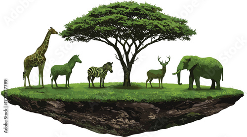 African wildlife illustration with giraffe, zebra, elephant, deer and tree on floating island nature scene, natural ecosystem vector design background.