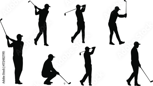 Golf player silhouette vector illustration showing swing action, putting, tee shot, walking golfer, sports training, athletic stance, professional game practice