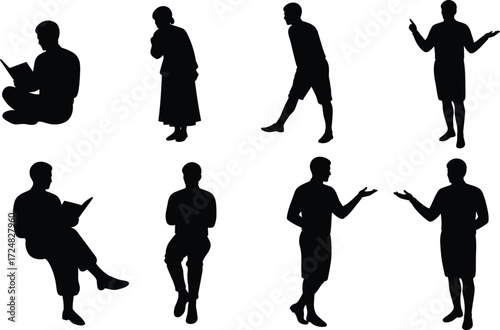 Human silhouette poses in various expressive gestures, sitting and standing positions, ideal for design, illustration, education, and body language studies