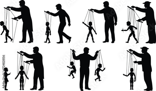 Puppet master silhouettes, marionette control vector, manipulation concept art, authority influence design, power dynamics illustration, shadow figures, dominance metaphor, stock image