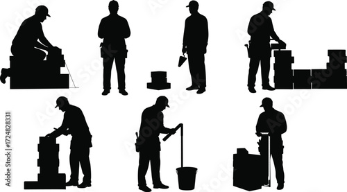 Silhouette construction workers building brick wall, masonry tools and labor, teamwork construction industry illustration for architecture design and engineering projects.