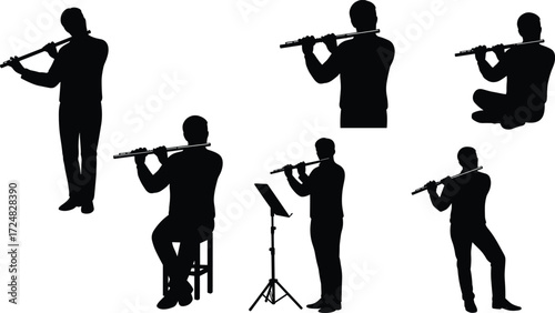 Silhouette illustration of flute players performing music in various poses, standing and sitting with sheet music, orchestra classical performance vector.