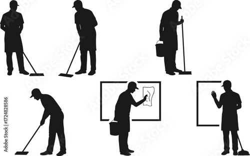 Silhouette of janitor cleaning with mop, bucket, and cloth, professional housekeeping staff working in sanitation and hygiene vector design.
