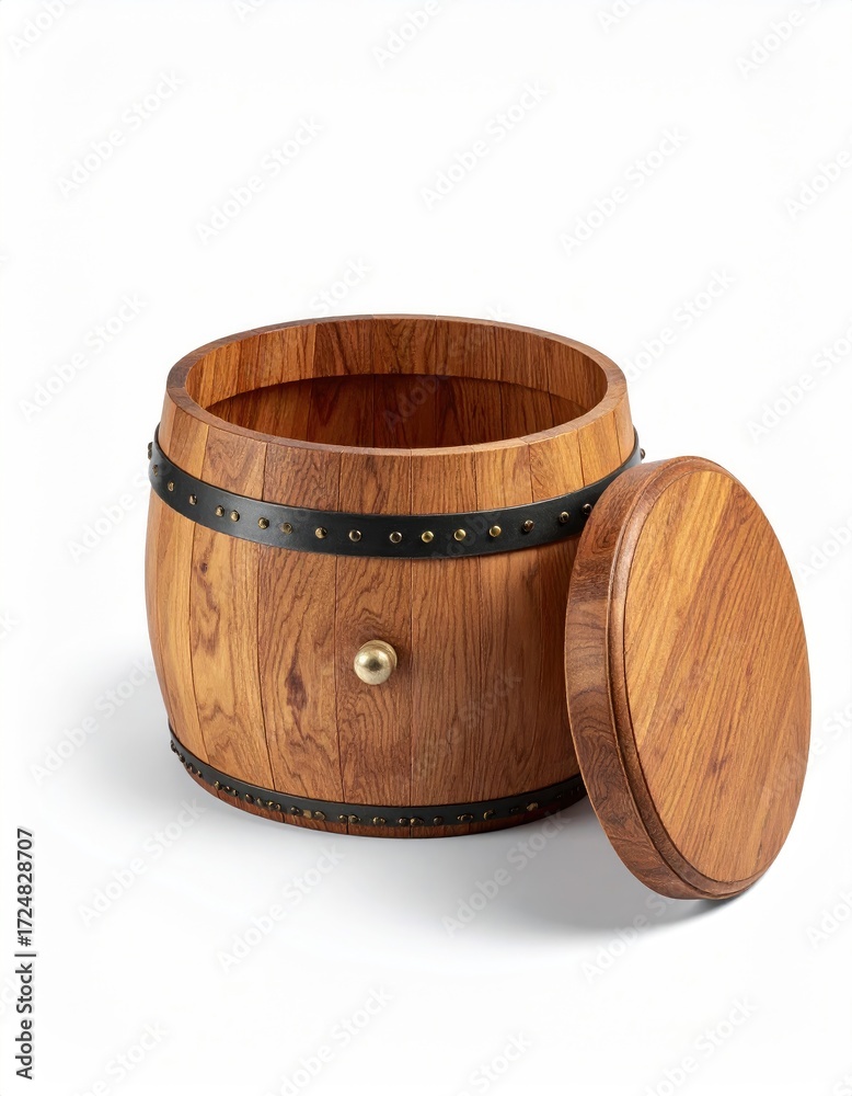 Obraz premium A round wooden barrel-shaped container with a removable lid, accented by dark bands and metal studs, sits on a white background