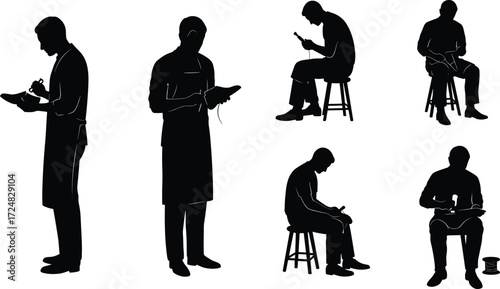Silhouette shoemakers and cobblers repairing shoes, sewing leather, using tools, traditional craftsmanship, footwear repair, artisan work and shoe making illustration.