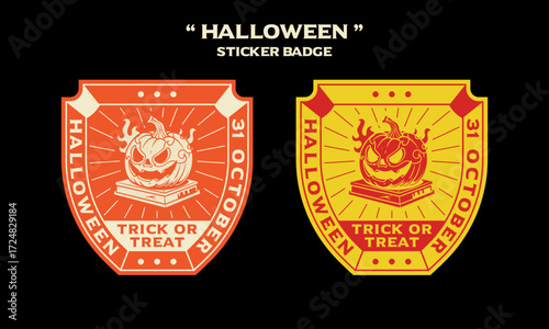 Pumpkin on top book retro badge design for Halloween logo. Pumpkin vintage emblem. Vector with pumpkins. Jack lantern emblem illustration for halloween logo