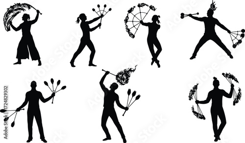 Silhouette vector illustration of fire dancers performing with poi, staffs, and fans, showcasing flames, movement, performance art, energy, entertainment