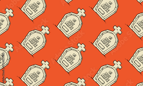 Gravestone doodle pattern on orange background for Halloween Party. Tombstone seamless pattern background. Vector with Graveyard isolated motif wallpaper