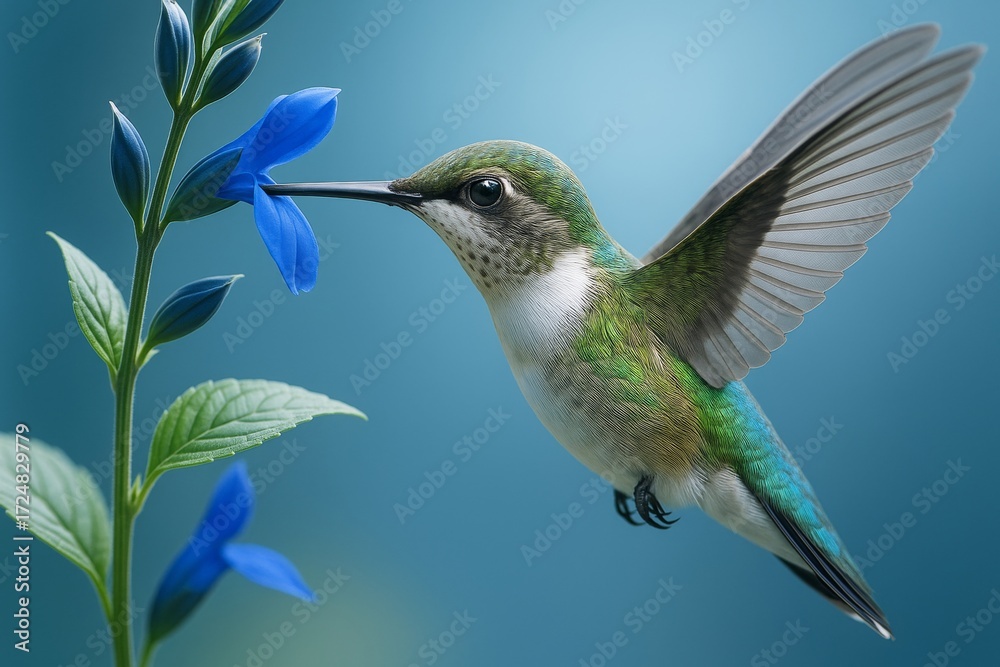 Fototapeta premium Close-up of hummingbird feeding from vibrant blue flower with detailed wings and green feathers, set against a soft light blue background.