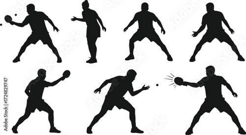 Table Tennis Silhouette Set Showing Dynamic Poses, Paddle Action, Sport Movements, Ping Pong Players in Motion for Vector Illustration Use