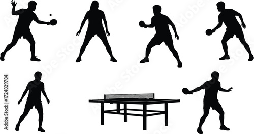Table Tennis Silhouettes with Central Table, Dynamic Player Poses, Paddle Action, Ping Pong Sport Vector for Educational and Commercial Use