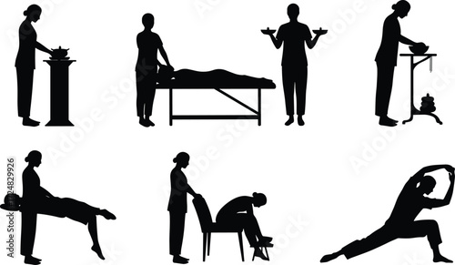 Wellness therapy silhouettes vector illustration showing massage, yoga, meditation, relaxation, physical therapy, stretching, balance, holistic healing, spa, and exercise