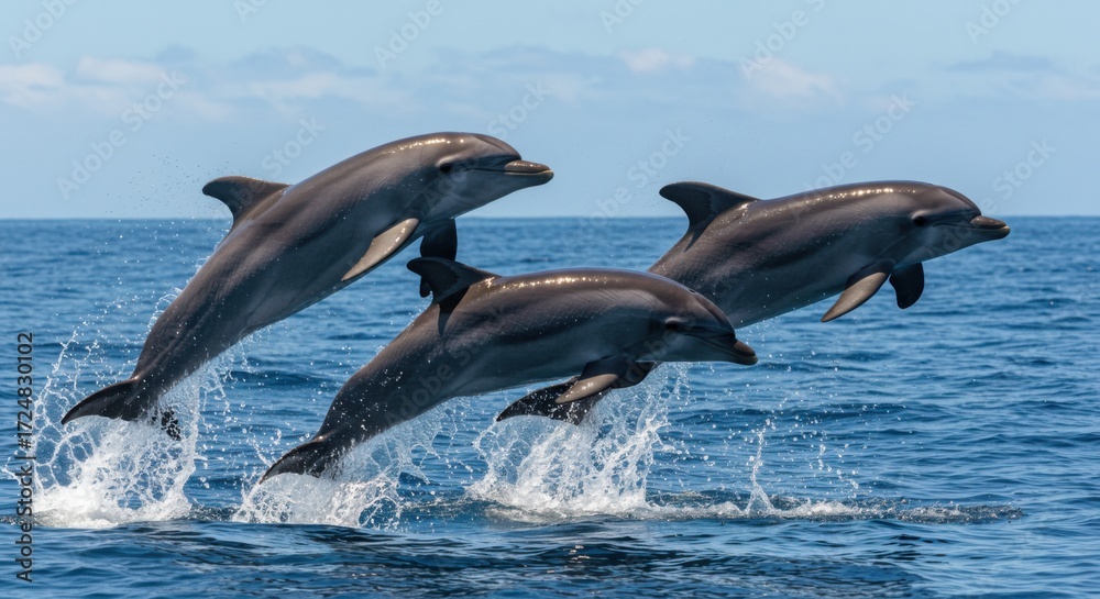 Fototapeta premium Playful Dolphins Jumping in the Ocean Waves