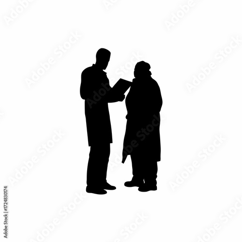 Silhouette of healthcare professional and patient reviewing consent form isolated on white background