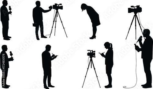 Silhouette of reporters, journalists, cameramen, and interviewers using cameras, microphones, and tripods for news media, press, television, and broadcasting illustration.