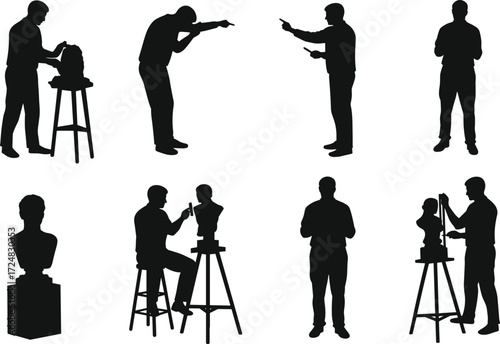 Silhouettes of Sculptor Creating Busts, Carving and Working on Sculpture – Vector Illustrations for Art and Craft Concepts
