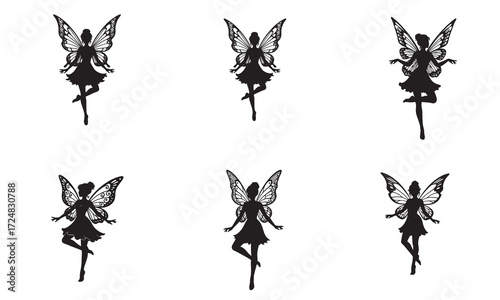 Magical Fairy Silhouettes Sitting on Crescent Moon with Hanging Stars