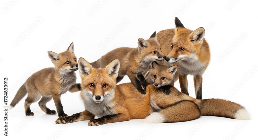 Fototapeta premium A charming group of red foxes, including adorable cubs, isolated on white background, showcasing their playful nature and captivating beauty