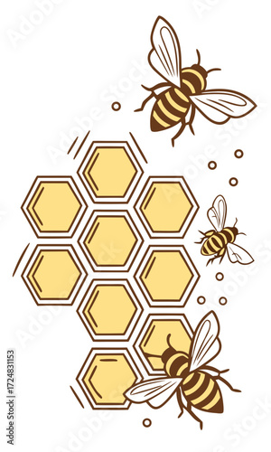 Honeycomb with Bees A stylized illustration of bees buzzing around a geometric honeycomb pattern