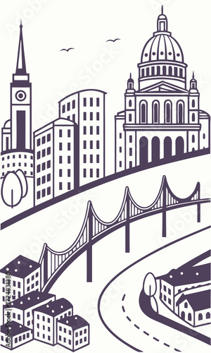 Stylized Cityscape with Dome Spire Bridge and Buildings in Dark Purple