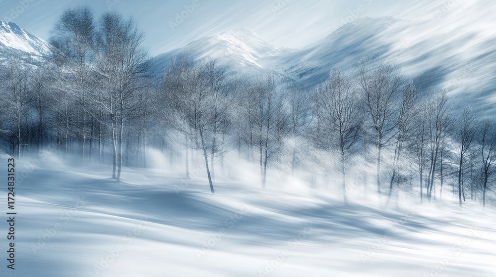 Naklejka premium Blurred Motion View of Snow-Capped Mountains Through Trees Ã¢Â?Â