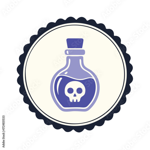 Purple Poison Bottle with Skull Symbol Inside a Circle.