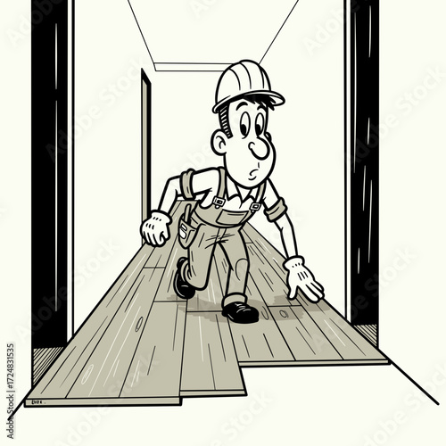 Cartoon worker laying laminate flooring in hallway with focus  