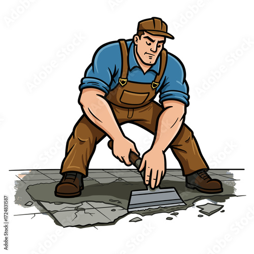 Construction worker removing old tile adhesive from subfloor  