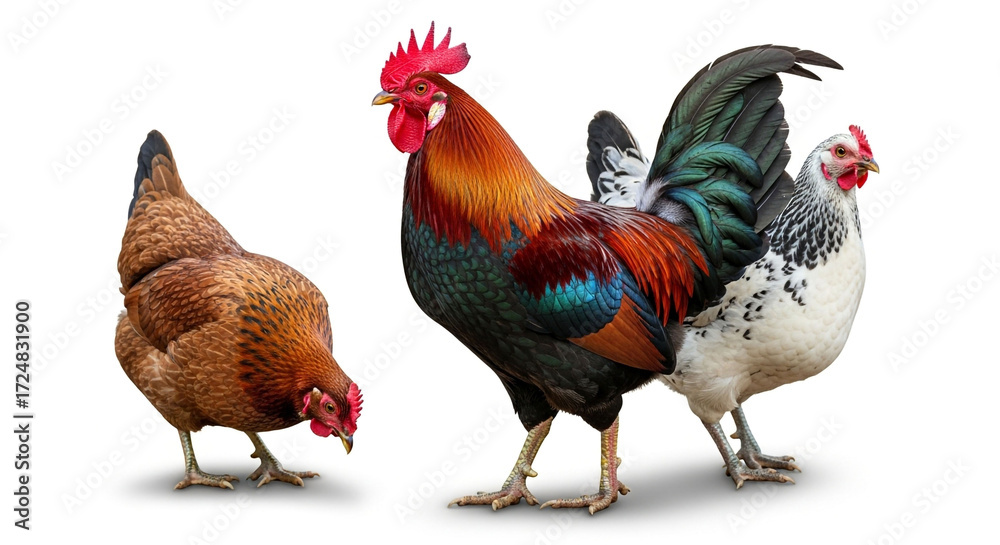 Fototapeta premium A vibrant rooster stands tall among a hen and a speckled chicken, isolated on white background, showcasing the beauty of domestic fowl in a farm setting