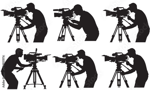 Silhouette Cameramen Operating Professional Cameras on Tripods Filming 