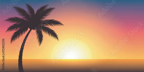 Beautiful illustration of palm trees against a vibrant sunset, designed in flat modern style with warm gradient tones