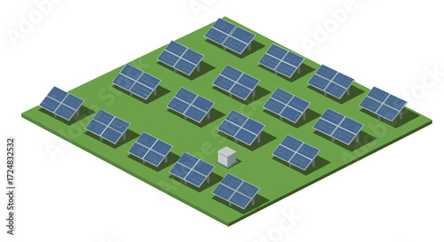 Isometric solar panels in sustainable energy farm layout on grass
