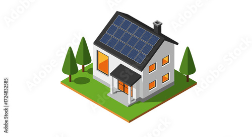 Isometric eco-friendly home with solar panels and green landscape
