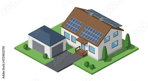 Modern sustainable home with solar panels in isometric style