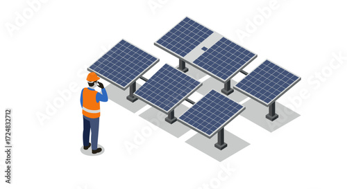 Isometric solar panels and engineer in hard hat analyzing renewable energy setup