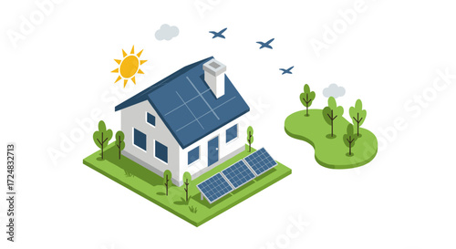 Sustainable home with solar panels and green landscape in isometric style