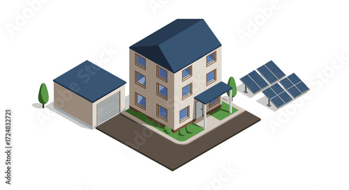 Modern sustainable home with solar panels in isometric design