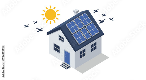Sustainable home with solar panels and birds in isometric design