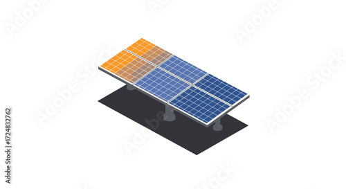 Isometric solar panel array with mixed color solar cells on white background