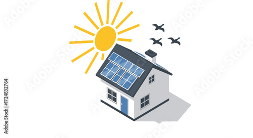 Isometric solar powered house with sun and birds