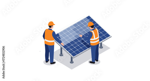 Engineers inspecting solar panel in isometric style for renewable energy projects