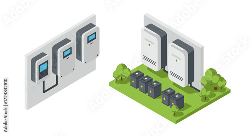Isometric solar power storage and inverter system on green energy field
