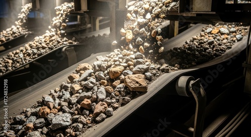Conveyor Belts Transporting Rocks in an Industrial Setting.