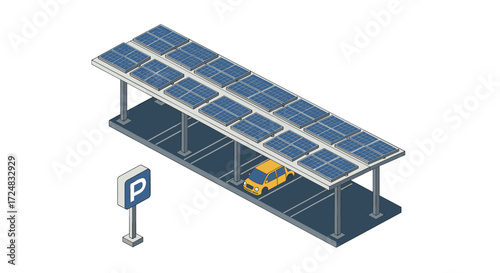 Isometric solar panel covered parking lot with car and sign