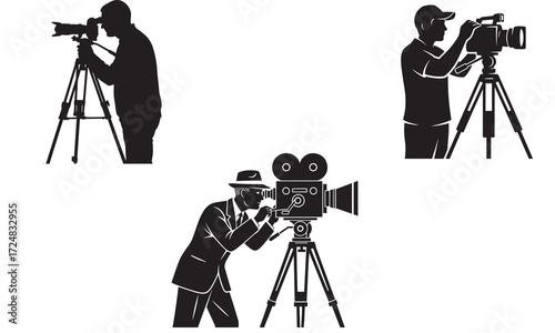 Silhouette Cameramen Operating Professional Cameras on Tripods Filming 
