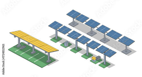 Isometric solar panels and charging station on white background for renewable energy concept