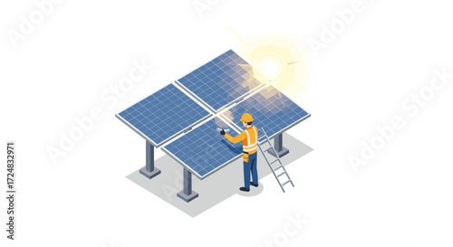Worker installing solar panels on rooftop with sunlight reflection in isometric style