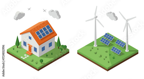 Isometric eco-friendly house with solar panels and wind turbines on green landscape