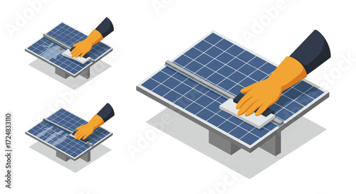 Isometric cleaning of solar panels with protective gloves for renewable energy efficiency