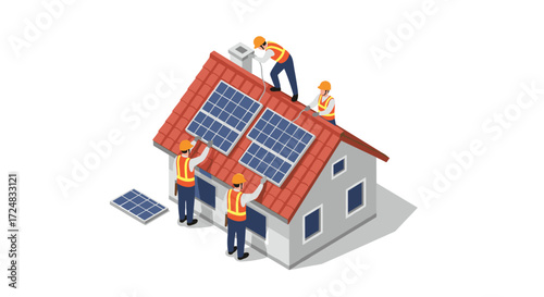 Team installing solar panels on house roof in isometric style